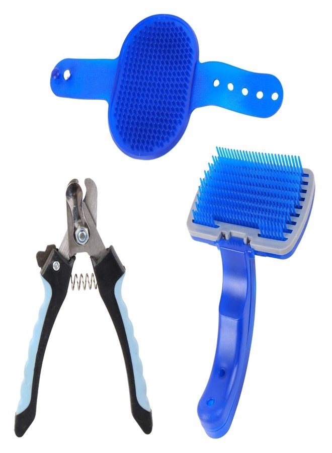 REGIIS Pet Grooming Kit, 3-Piece Set with Nail Clipper, Slicker Brush and Bath Massage Glove, Blue - Image 1